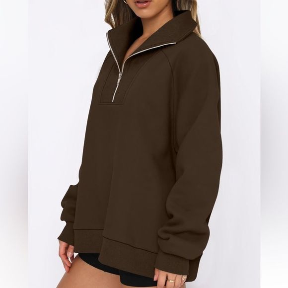 COPY - Womens Half Zip Oversized Sweatshirts Casual fleece nude color jacket NWT - Picture 2 of 5